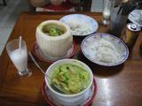 Amrok dish for Netta (in a coconut shell), chicken in green curry and coconut milk for Chris. Coconut and Pineapple shakes and Angkor beer !